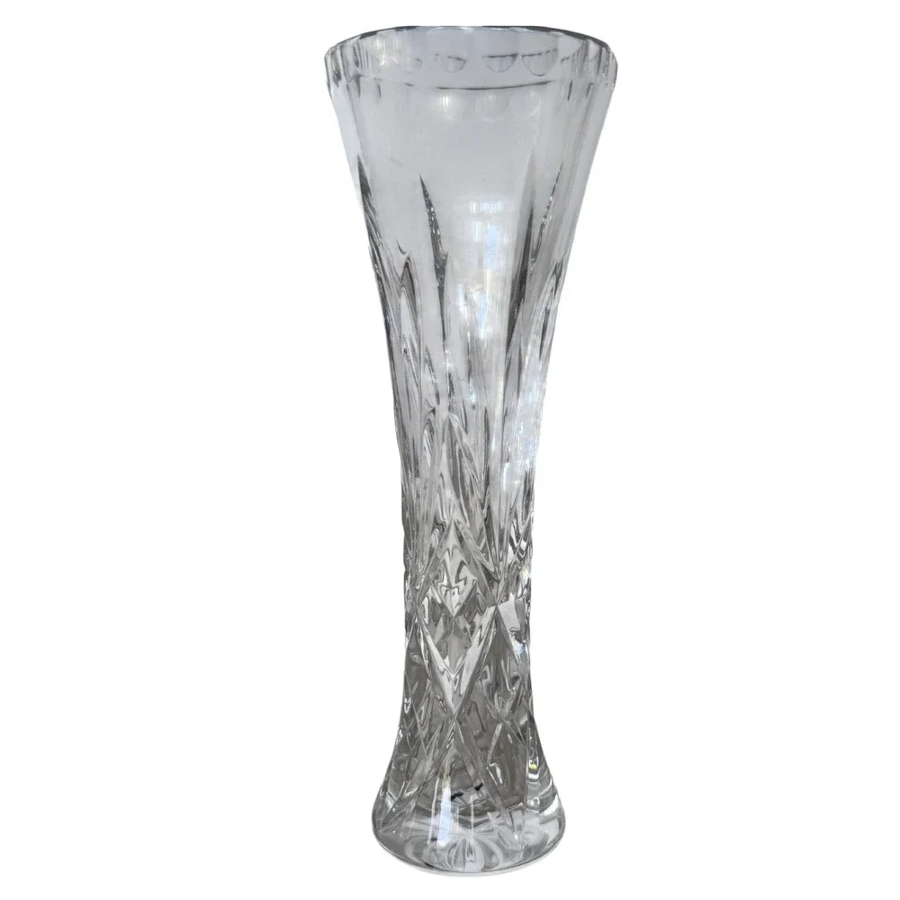 Vintage Clear Cut Crystal Trumpet Bud Vase Scalloped Rim Starburst Base 7.25